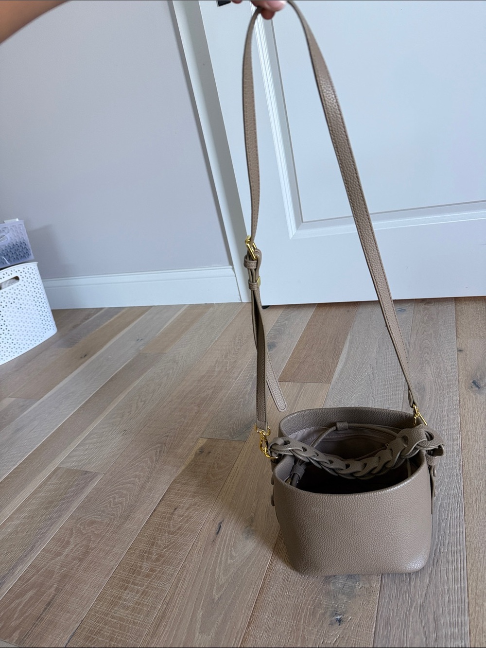 Taupe Leather Crossbody Bucket Bag with Braided Handle